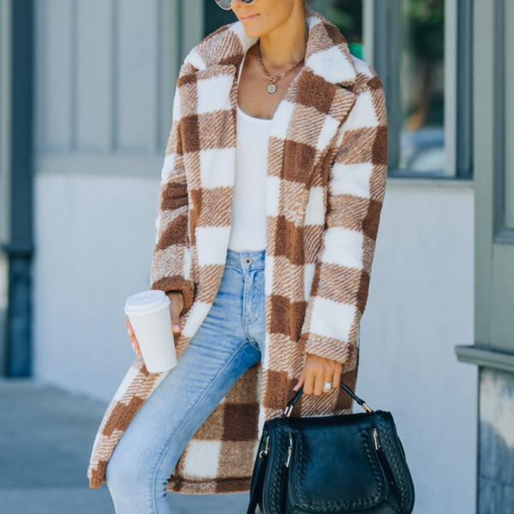 Coffee Brown Gingham Plaid Teddy Open Front Jacket - Picture 4 of 5